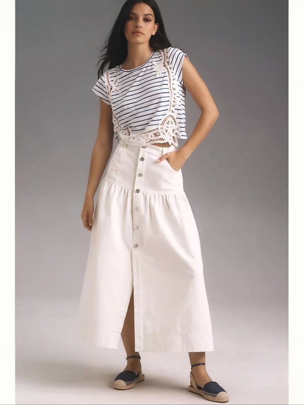 ANTHROPOLOGIE Maeve Lacy Stelline Navy Stripe Crop Top XS NWT - Picture 3 of 12